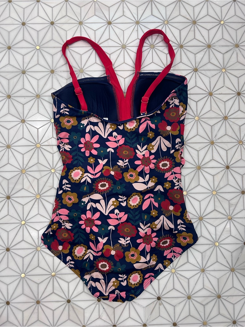 Boden Navy Floral One-Piece Swimsuit with Pink Straps - Women's Size 8 Long - Picture 3 of 6